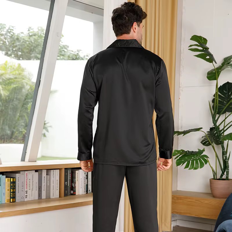 Pyjama noir costume hommes Satin maison vêtements à manches longues chemise et pantalon 2 pièces