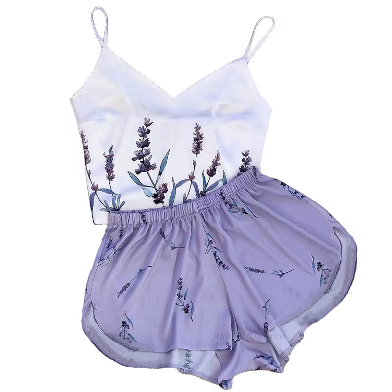 Ensemble de pyjamas d'été en satin pour femmes, vêtements de nuit College de fleurs de µ, pyjamas sexy à col en V, vêtements d'intérieur en fibre, vêtements de détente