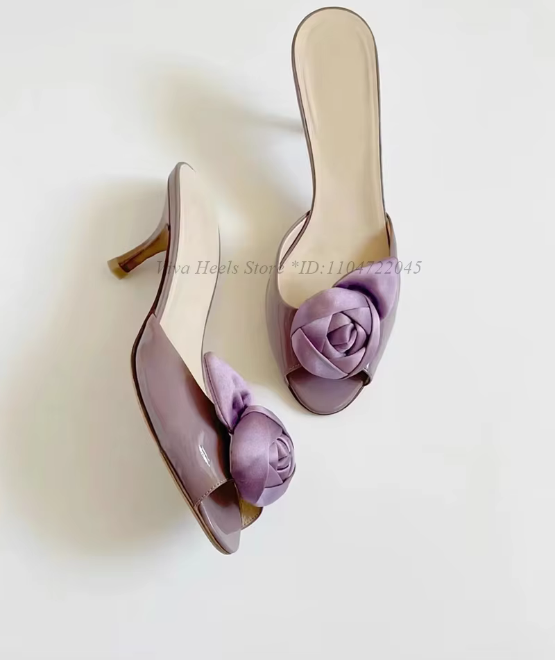 Vintage Rose décor Violet Satin pantoufles femmes 2025 été nouveau en noir/blanc talons hauts confortable en cuir souple Mules Design chaussures