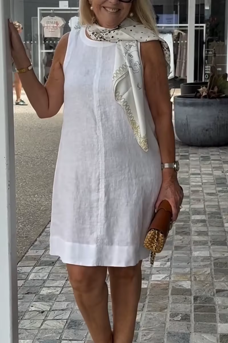 Femmes confortable coton lin couleur unie robes élégant col rond robe été décontracté banlieue taille haute sans manches