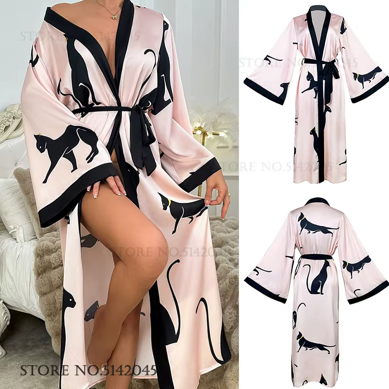 Femmes soie Satin longue Robe vêtements de détente imprimé dessin animé léopard chat Kimono peignoir