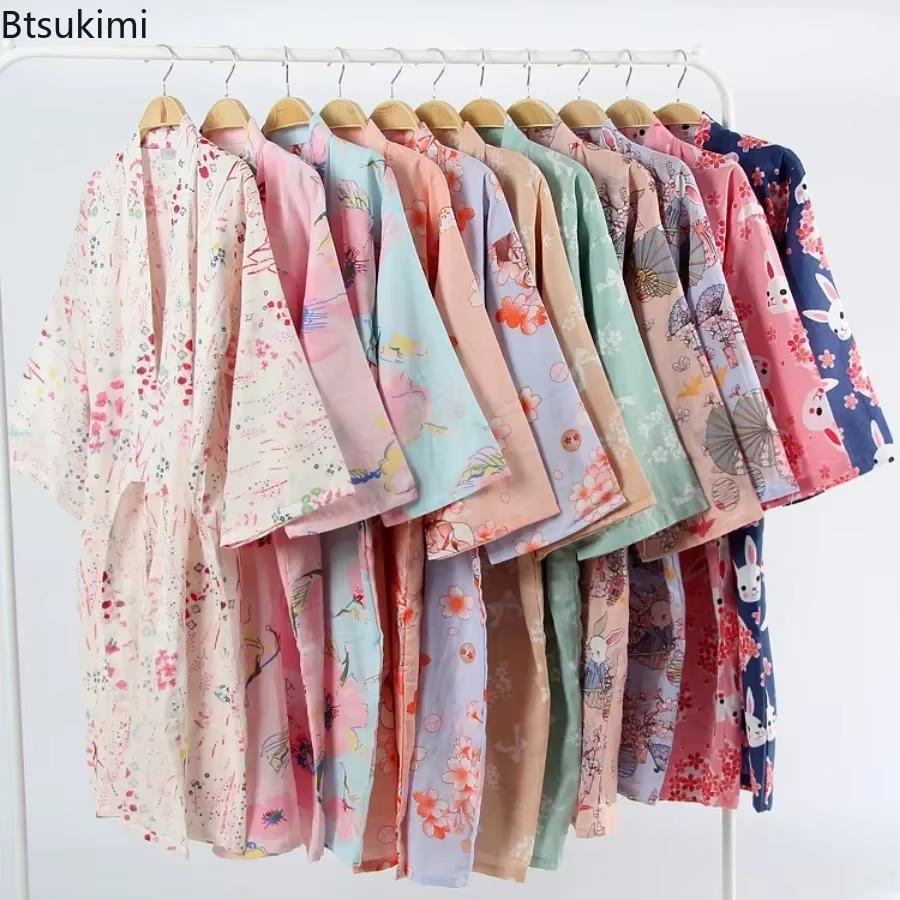 Style japonais Kimono pyjama Robes femmes été mince coton gaze col en v Simple chemise de nuit ample dames salon à lacets peignoir