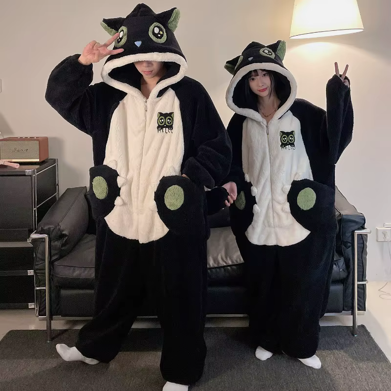 Kigurumi adultes Couples pyjamas Kawaii chat Onesie épais à capuche vêtements de nuit femme hommes une pièce Homewear