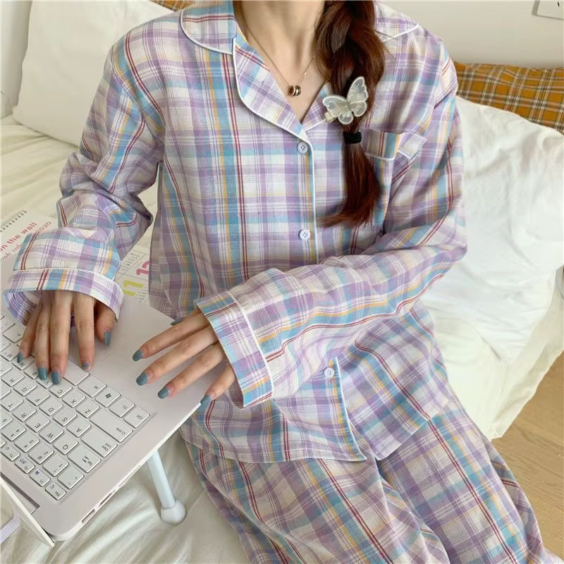 Pyjamas femme automne et hiver à manches longues doux vêtements de nuit Homewear deux pièces ensemble femmes Plaid