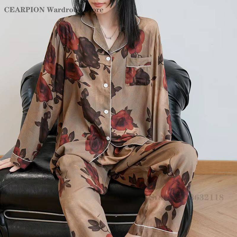 Printemps automne nouveau ensemble de pyjamas rétro imprimé vêtements de maison