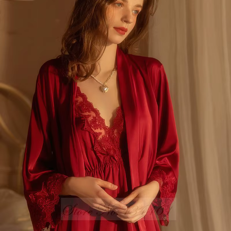 Ensemble de chemise de nuit kimono en dentelle bordeaux