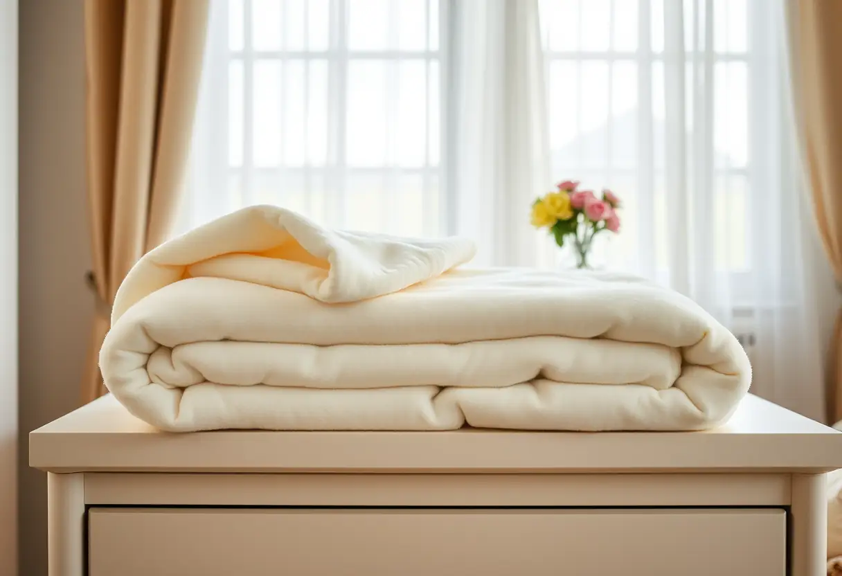 Des couvertures en polaire pliées sur une commode dans une chambre