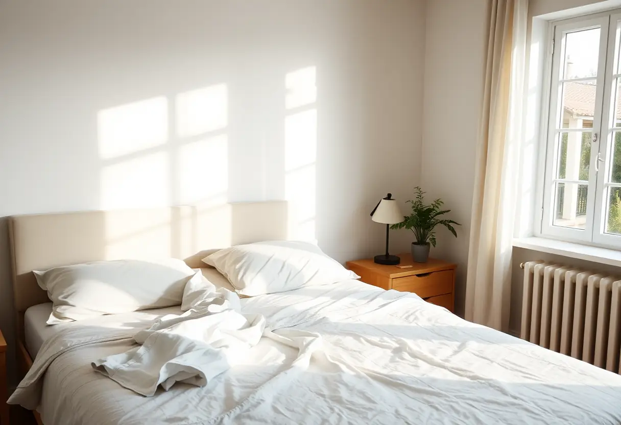 Un pyjama en coton posé sur le bord d'un lit bien fait dans une chambre