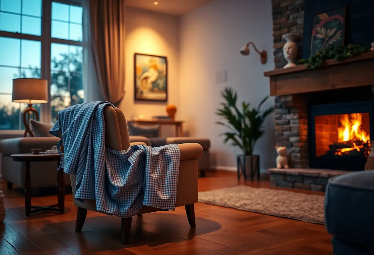 Un fauteuil confortable avec un pyjama échiquier bleu clair dans un salon au crépuscule