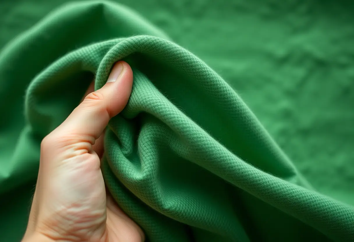 Une main tenant un tissu en flanelle vert foncé