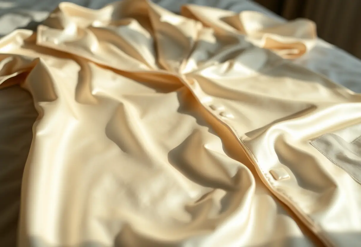 Vue rapprochée d'un ensemble de pyjamas en satin posé sur un lit, soulignant sa texture brillante