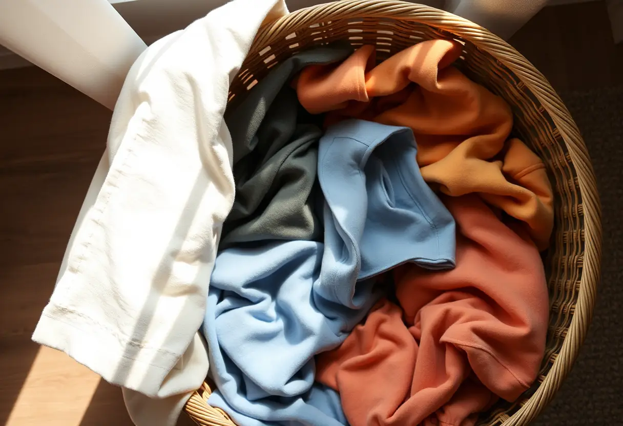 Panier à linge rempli de pyjamas en divers matériaux sous la lumière du soleil