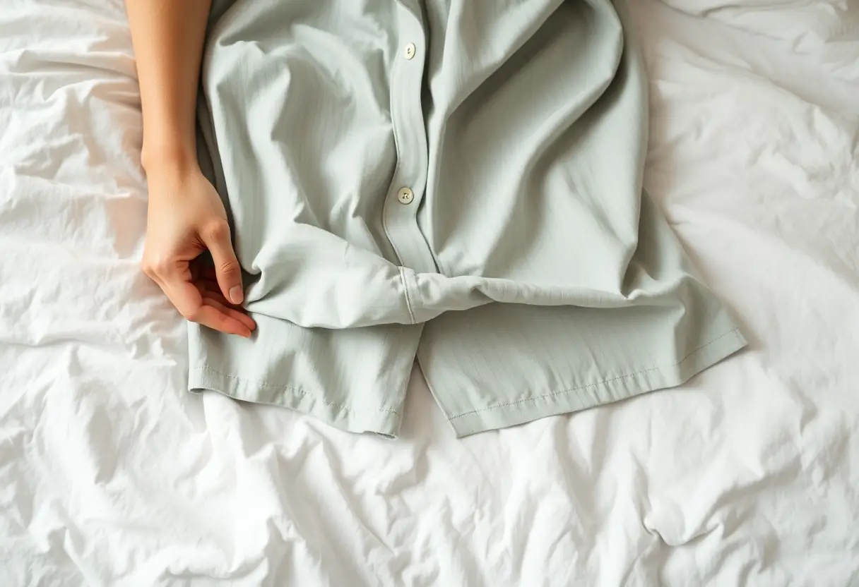 Des mains plient délicatement un haut de pyjama en coton sur un lit