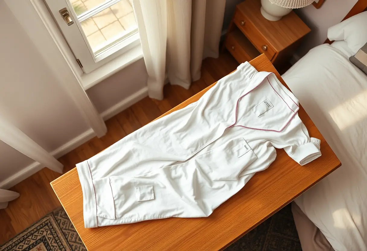 Un pyjama en coton plié soigneusement sur une commode dans une chambre, éclairé par la lumière de l'après-midi