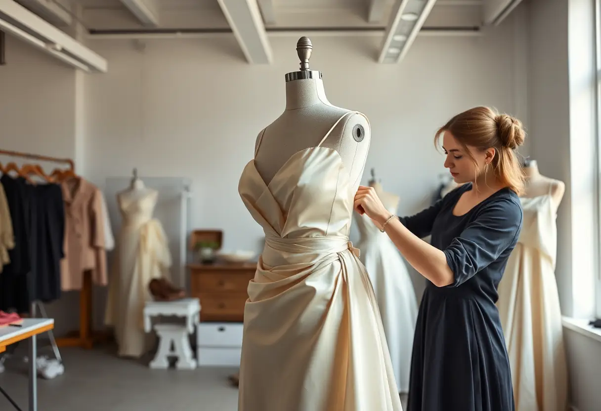 Couturière ajustant une robe en soie sur un mannequin, élégance et savoir-faire
