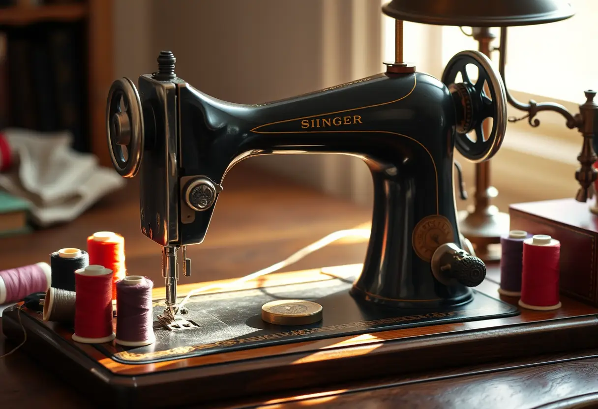 Machine à coudre ancienne sur un bureau, entourée de bobines de fil multicolores, lumière d'une lampe ancienne