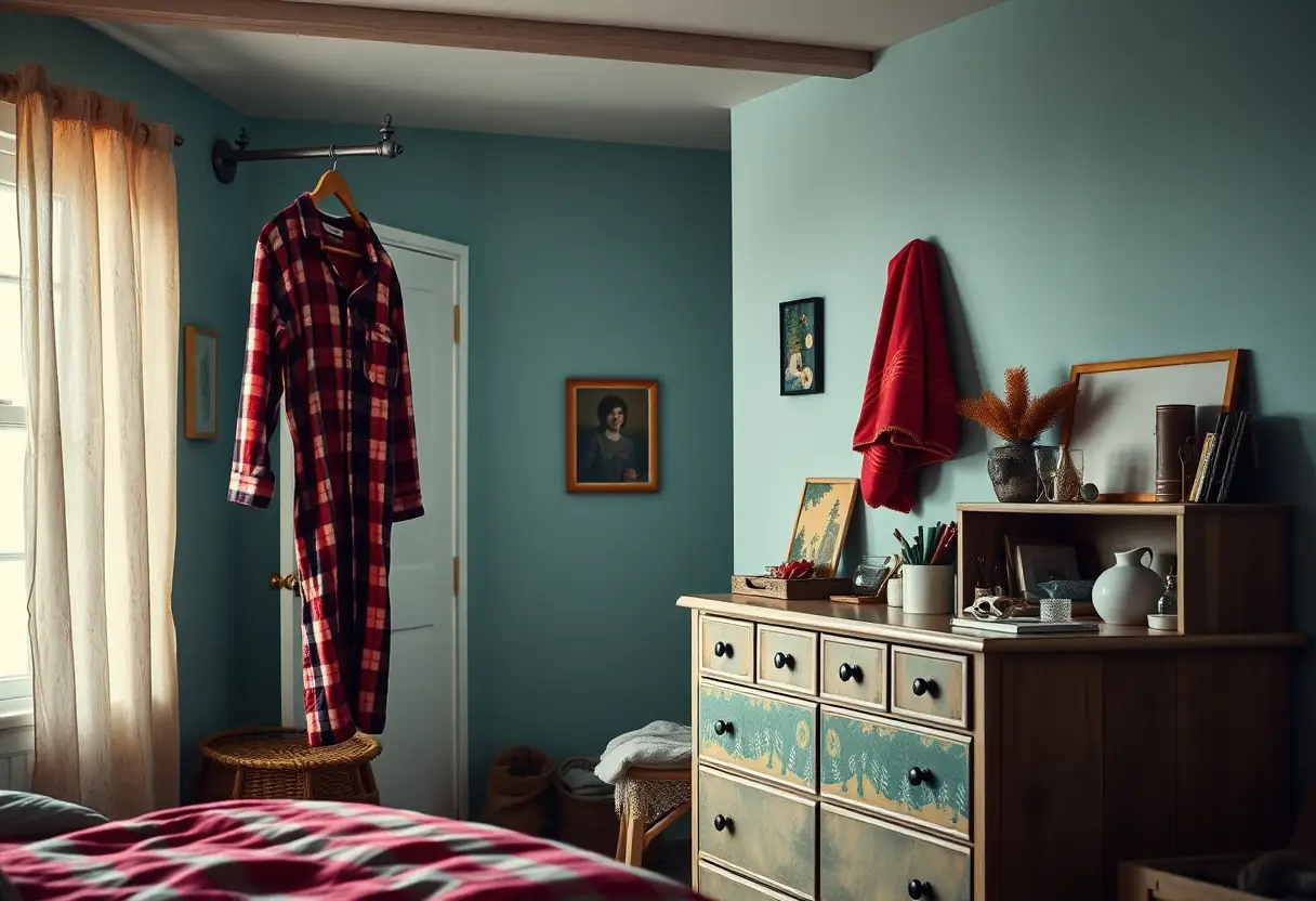 Pyjama rouge en flanelle accroché dans une chambre douillette